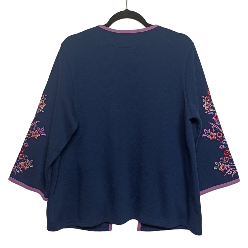 BOB MACKIE Embroidered Floral Print Lilac Purple Navy Blue Knit Cardigan Sweater - Picture 4 of 8